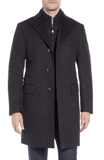 Shop Corneliani Solid Wool Topcoat With Bib Inset In Charcoal