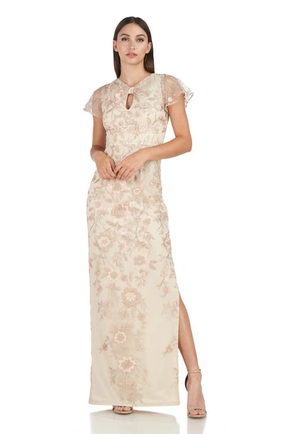 Shop Js Collections Jorden Bow Embroidered Column Gown In Champagne