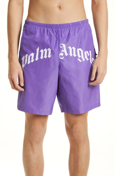 Shop Palm Angels Curved Logo Swim Trunks In Violet White