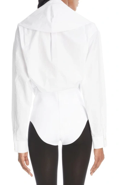 Shop Alaïa Hooded Long Sleeve Cotton Poplin Bodysuit In Blanc