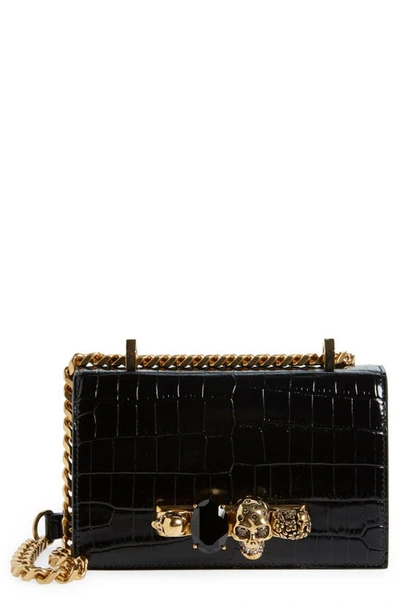 Shop Alexander Mcqueen Mini Jeweled Croc Embossed Leather Satchel In Black