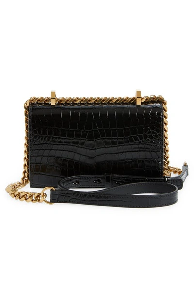 Shop Alexander Mcqueen Mini Jeweled Croc Embossed Leather Satchel In Black