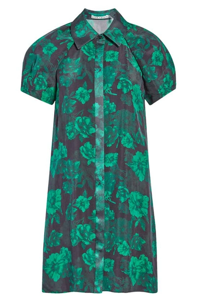 Shop Alice And Olivia Jem Floral Print Puff Sleeve Charmeuse Shirtdress In Dream Floral Emerald