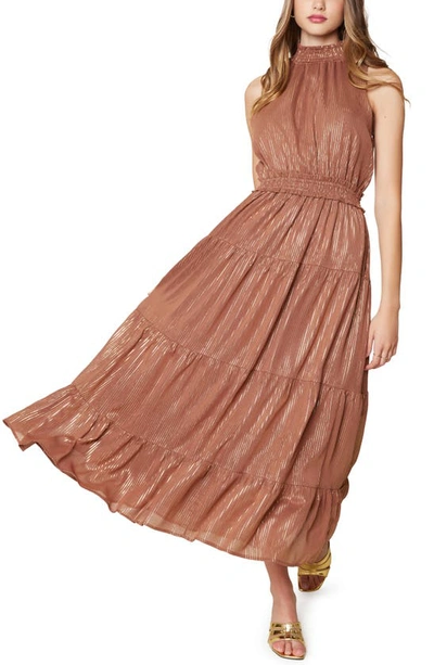 Shop Lost + Wander Downtown Lights Metallic Tiered Maxi Dress In Brown Gold