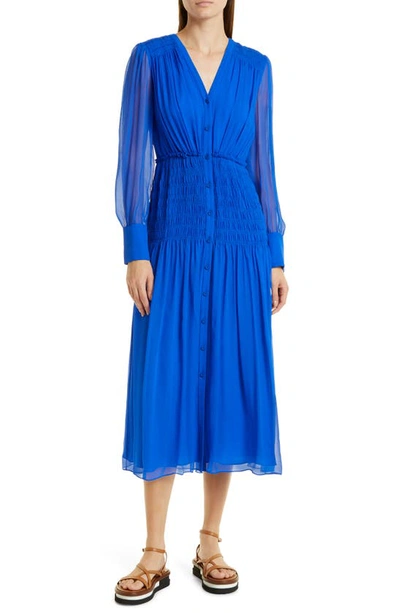 Shop Jason Wu Smocked Waist Long Sleeve Silk Chiffon Midi Dress In Electric Blue
