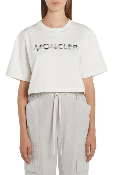 Shop Moncler Two-tone Logo Crop Cotton T-shirt In White