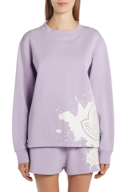 Shop Moncler Splatter Logo Cotton Blend Graphic Sweatshirt In Purple
