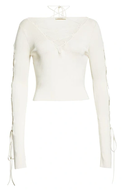 Shop Lapointe Lace-up Rib Crop Sweater In Cream