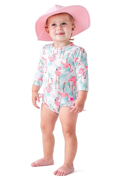 Shop Rufflebutts Vibrant Flamingo One-piece Rashguard Swimsuit & Hat Set In White