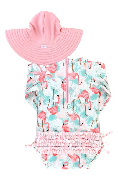 Shop Rufflebutts Vibrant Flamingo One-piece Rashguard Swimsuit & Hat Set In White