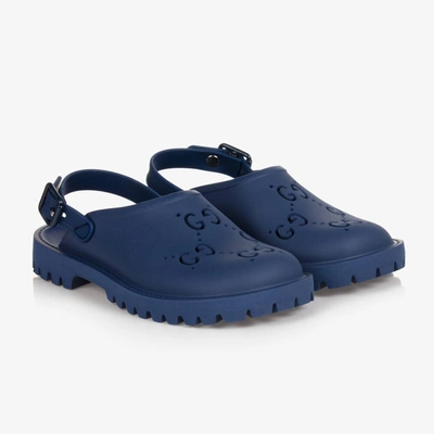 Shop Gucci Boys Blue Gg Logo Rubber Sandals