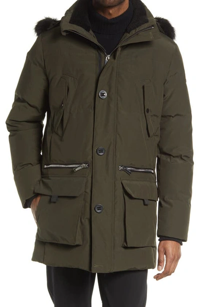 Shop Karl Lagerfeld Faux Fur Trim Down & Feather Fill Parka In Olive