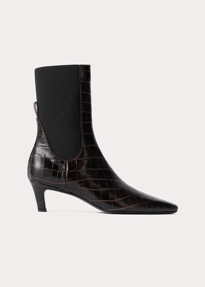 Shop Totême The Mid Heel Leather Boot Dark Brown Croco