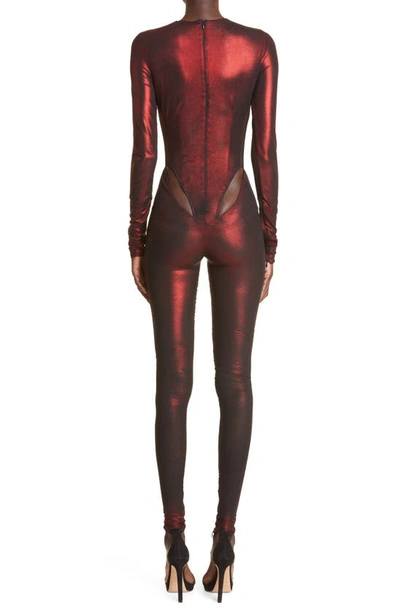Shop Laquan Smith Cutout Long Sleeve Mesh Jumpsuit In Oxblood