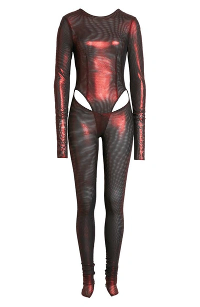 Shop Laquan Smith Cutout Long Sleeve Mesh Jumpsuit In Oxblood