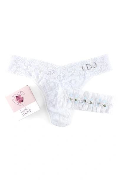 Hanky Panky I Do Original Rise Lace Thong & Garter Set In White/ Powder Blue