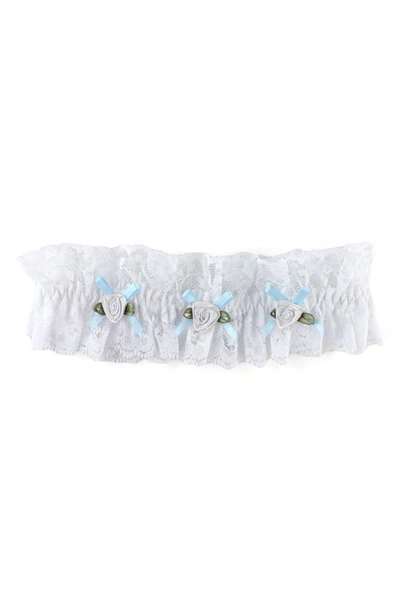 Hanky Panky I Do Original Rise Lace Thong & Garter Set In White/ Powder Blue