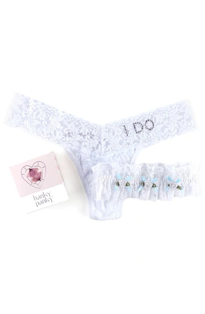 Hanky Panky I Do Original Rise Lace Thong & Garter Set In White/ Powder Blue