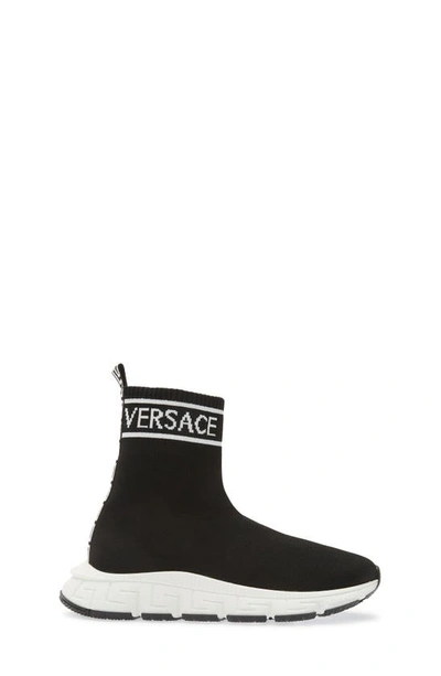 Shop Versace Kids' Trigreca High Top Sock Sneaker In Black/ White