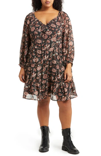 Shop Madewell Amalia Pampas Blooms Long Sleeve Tiered Dress In True Black