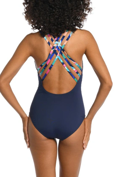 Shop La Blanca Painted Cross Back One-piece Swimsuit In Blue Multi