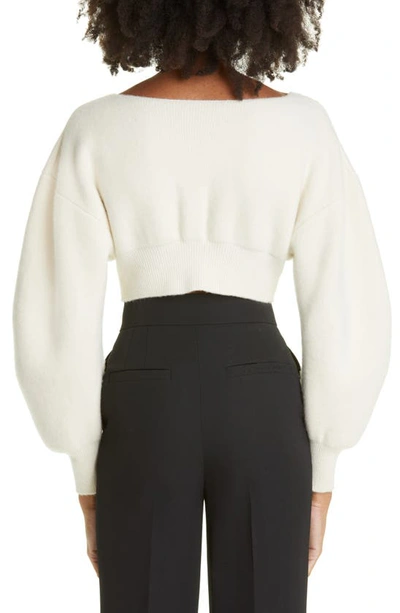 Shop Alexander Wang Crystal Tie Blouson Sleeve Wool Blend Crop Cardigan In Ivory