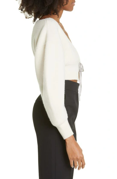 Shop Alexander Wang Crystal Tie Blouson Sleeve Wool Blend Crop Cardigan In Ivory