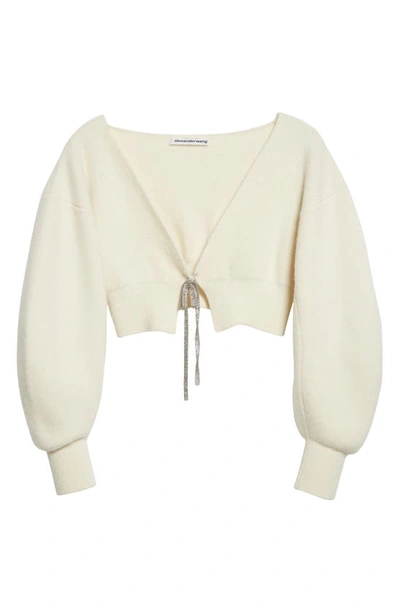 Shop Alexander Wang Crystal Tie Blouson Sleeve Wool Blend Crop Cardigan In Ivory