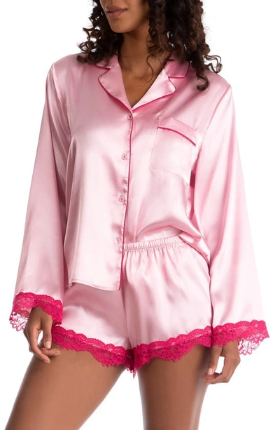 Shop In Bloom By Jonquil Felicity Lace Trim Long Sleeve Satin Shorts Pajamas In Pink