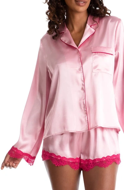 Shop In Bloom By Jonquil Felicity Lace Trim Long Sleeve Satin Shorts Pajamas In Pink