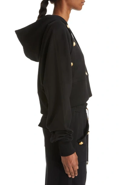 Shop Balmain Button Shoulder Crop Hoodie In Black
