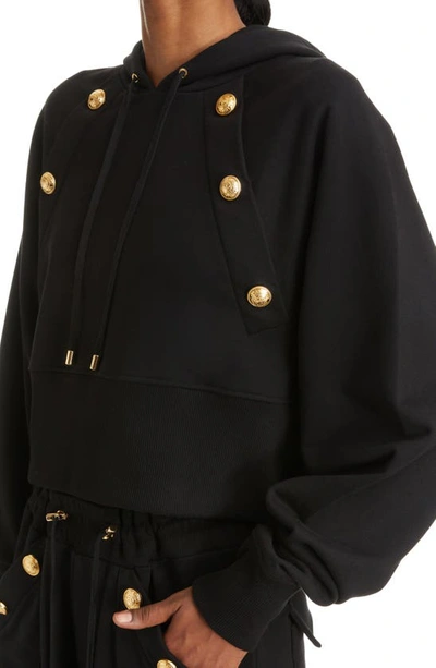 Shop Balmain Button Shoulder Crop Hoodie In Black