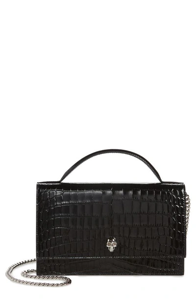 Alexander Mcqueen Medium Skull Croc Embossed Leather Top Handle Bag In 1000 Black