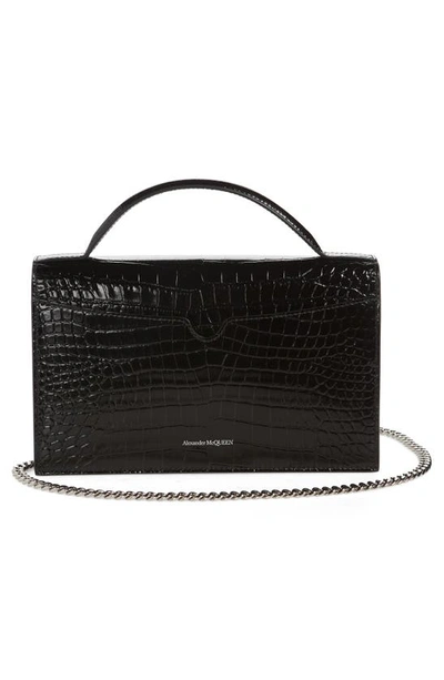 Shop Alexander Mcqueen Medium Skull Croc Embossed Leather Top Handle Bag In 1000 Black