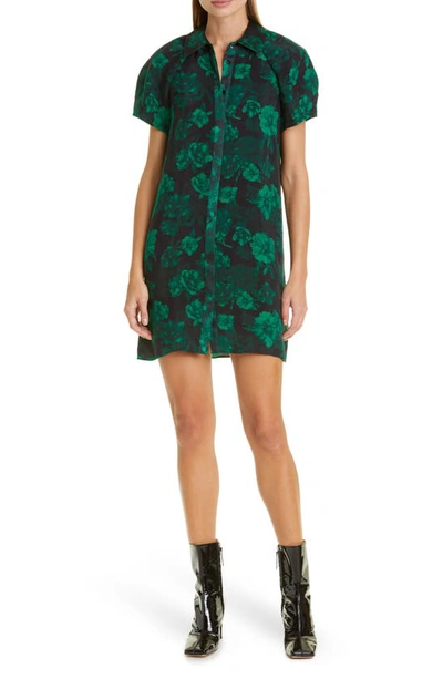 Shop Alice And Olivia Jem Floral Print Puff Sleeve Charmeuse Shirtdress In Dream Floral Emerald