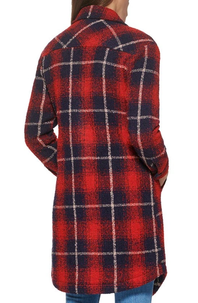 Shop Levi's Plaid Faux Shearling Lined Long Shirt Jacket In Red Navy Shadow Plaid