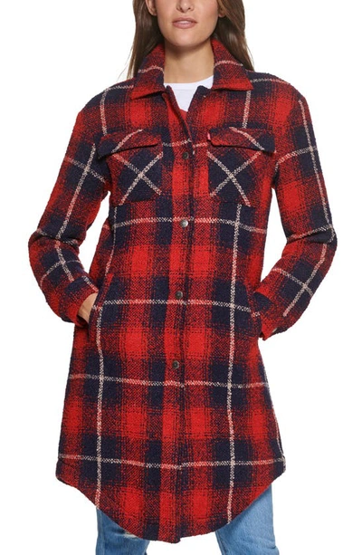 Shop Levi's Plaid Faux Shearling Lined Long Shirt Jacket In Red Navy Shadow Plaid