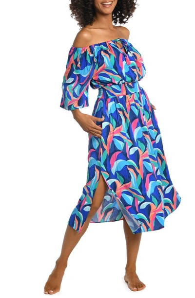 Shop La Blanca Painted Off The Shoulder Cover-up Dress In Blue Multi