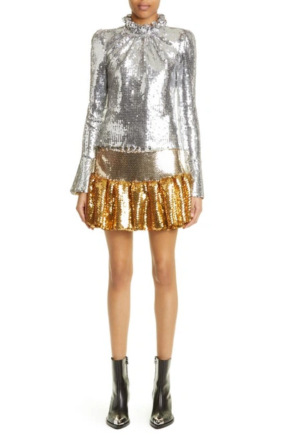 Shop Rabanne Sequin Mock Neck Flare Cuff Top In Silver