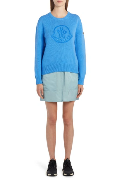 Shop Moncler Embroidered Logo Virgin Wool & Cashmere Sweater In Blue