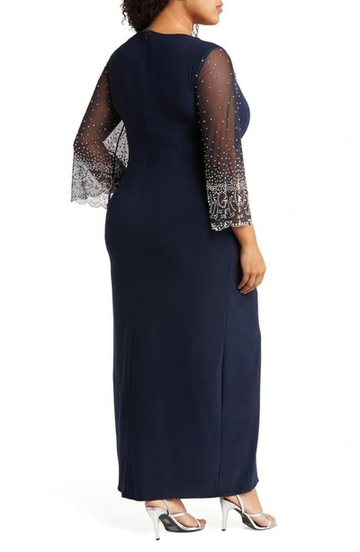 Alex Evenings Long Sleeve Surplice Neck Evening Dress In Dark Navy