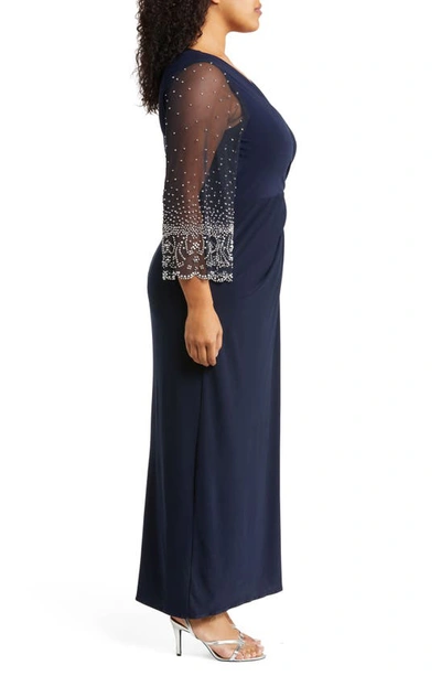 Alex Evenings Long Sleeve Surplice Neck Evening Dress In Dark Navy
