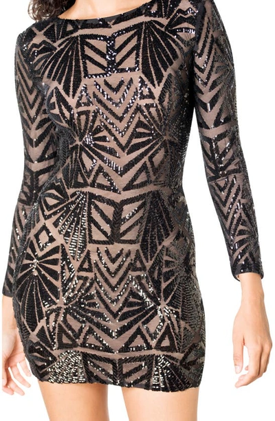 Shop Dress The Population Lola Sequin Long Sleeve Body-con Minidress In Black/ Nude