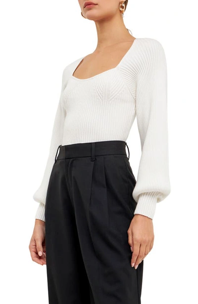 Endless Rose Square-neck Bishop-sleeve Knit Top In White
