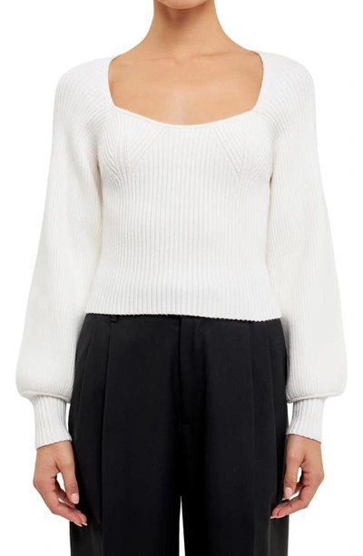 Endless Rose Square-neck Bishop-sleeve Knit Top In White