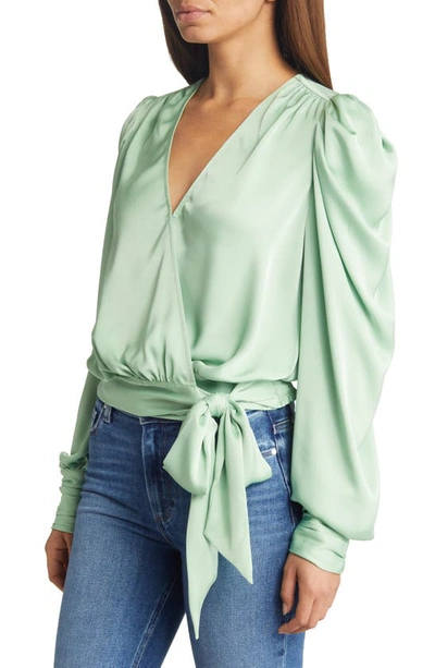 Shop Ramy Brook Pauline Satin Wrap Front Blouse In Pistachio