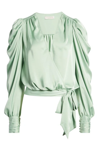 Shop Ramy Brook Pauline Satin Wrap Front Blouse In Pistachio