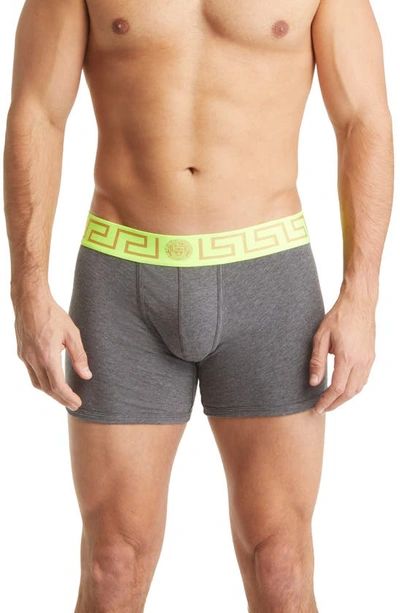 Shop Versace Long Stretch Cotton Trunks In Fluo Yellow/ Grey