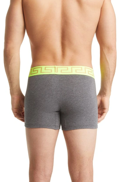 Shop Versace Long Stretch Cotton Trunks In Fluo Yellow/ Grey