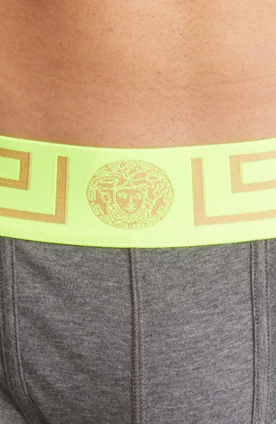 Shop Versace Long Stretch Cotton Trunks In Fluo Yellow/ Grey